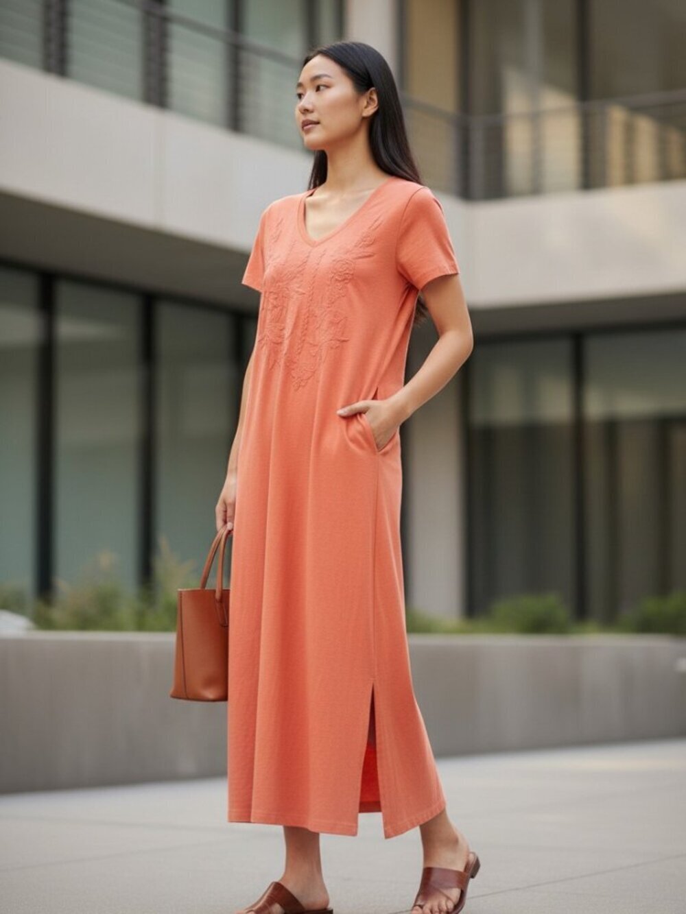 Soft Surroundings Coral V‑Neck Short Sleeve Maxi Dress - Picture 2 of 8